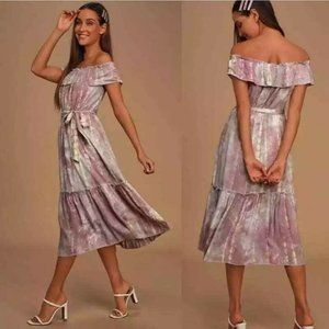 Lulus Tie Dye Off The Shoulder Midi Dress Size L Purple FLAWED